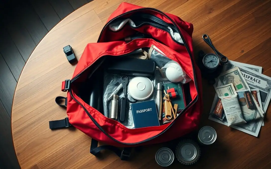 A red duffel bag on a table holds a passport, flashlight, canned food, charger, water bottle, rope, and other emergency supplies. Nearby are a compass, maps, and additional cans.