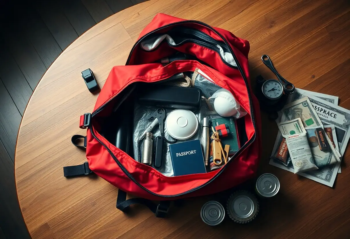 A red duffel bag on a table holds a passport, flashlight, canned food, charger, water bottle, rope, and other emergency supplies. Nearby are a compass, maps, and additional cans.