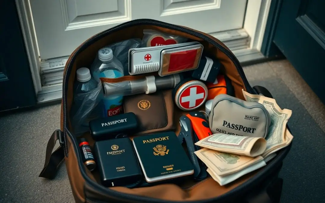 An open travel bag sits by a door, containing passports, cash, a first aid kit, bottled water, and various emergency supplies.