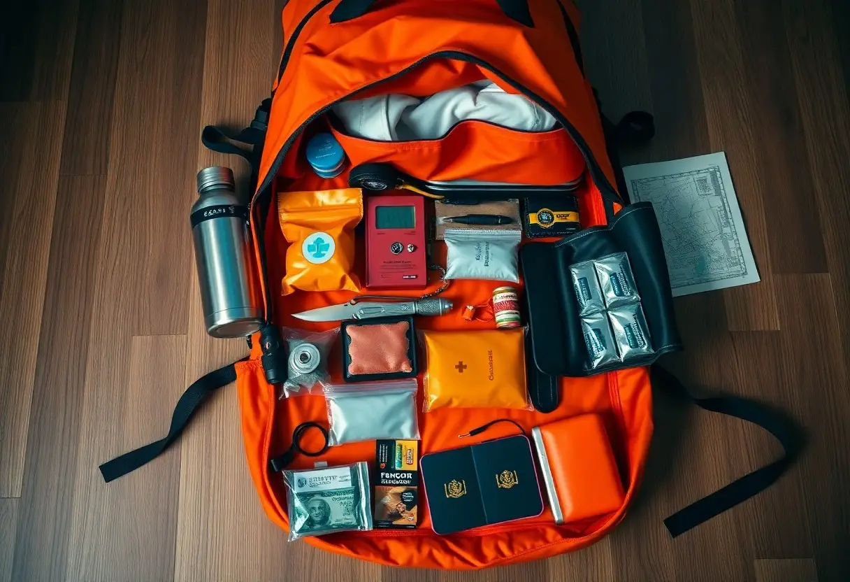 An open orange emergency backpack on a wooden floor, showing supplies including water, food bars, first aid kit, flashlight, radio, multitool, and map.
