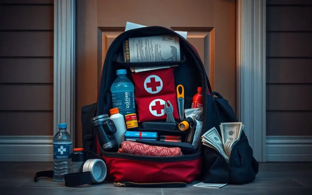 A backpack filled with emergency supplies, including water, a first aid kit, flashlight, batteries, cash, documents, and tools, placed in front of a closed door.