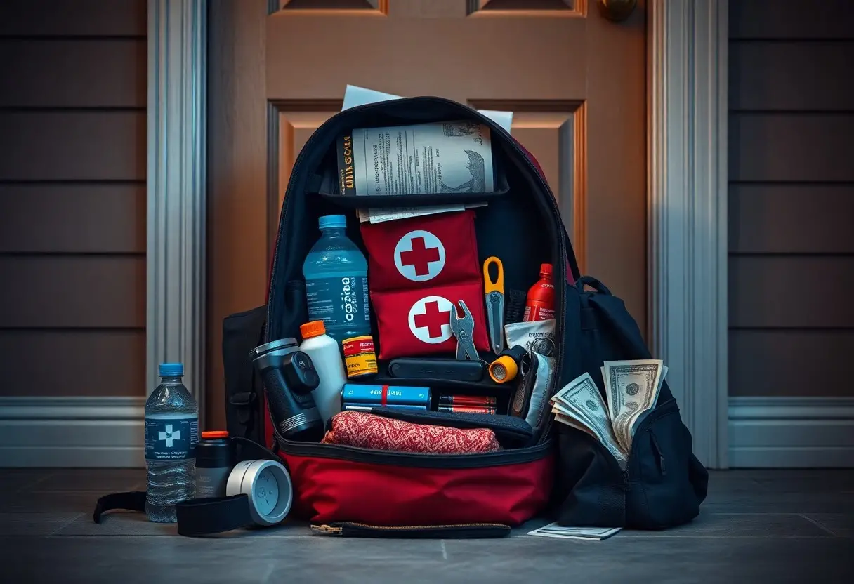 A backpack filled with emergency supplies, including water, a first aid kit, flashlight, batteries, cash, documents, and tools, placed in front of a closed door.