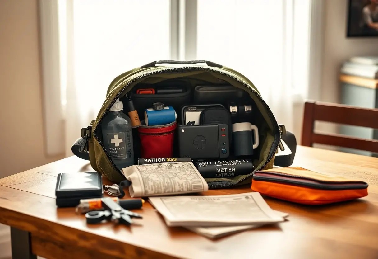 A packed emergency kit bag on a wooden table, containing medical supplies, a flashlight, a radio, documents, keys, and a pouch, with daylight streaming through nearby windows.