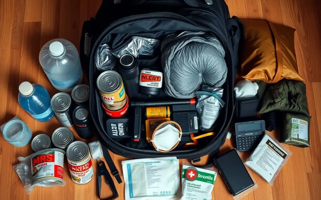 A survival kit on a wooden floor contains canned food, bottled water, rope, batteries, a first aid kit, gloves, a radio, a calculator, a flashlight, and hygiene supplies.
