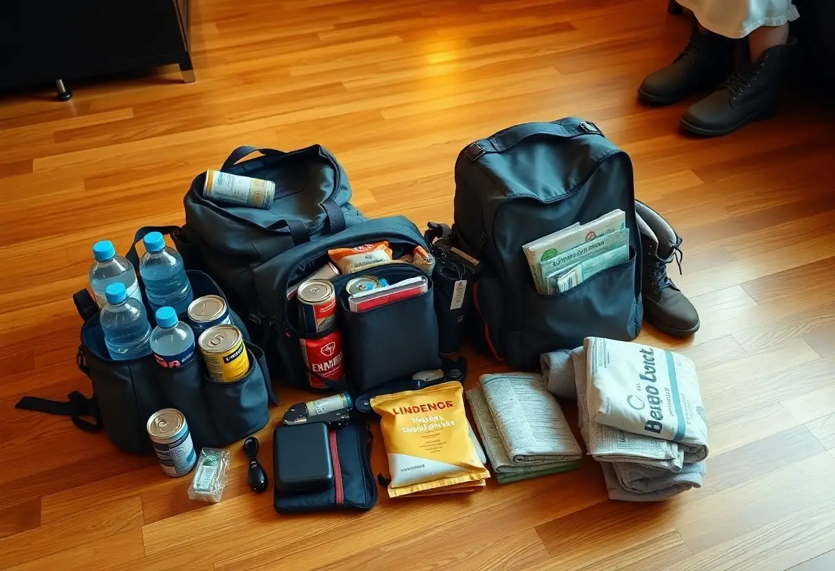 Several bags packed with canned food, bottled water, packaged snacks, documents, a flashlight, batteries, and folded blankets or towels are arranged on a wooden floor.