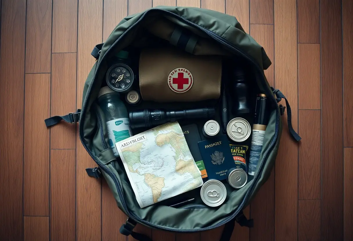 An open duffel bag on a wooden floor contains a first aid kit, flashlight, compass, water bottle, cans, a map, a passport, and other survival or travel essentials.