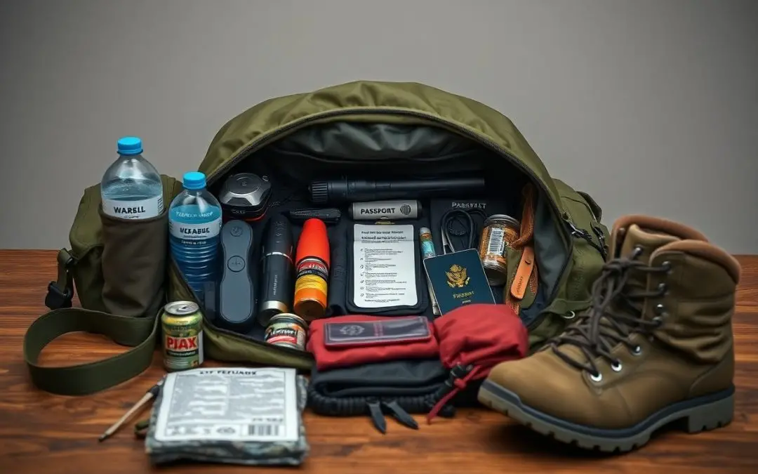 An open duffel bag on a table contains survival items: bottled water, flashlight, first aid kit, passport, notepad, food, boots, canned goods, and various emergency supplies.