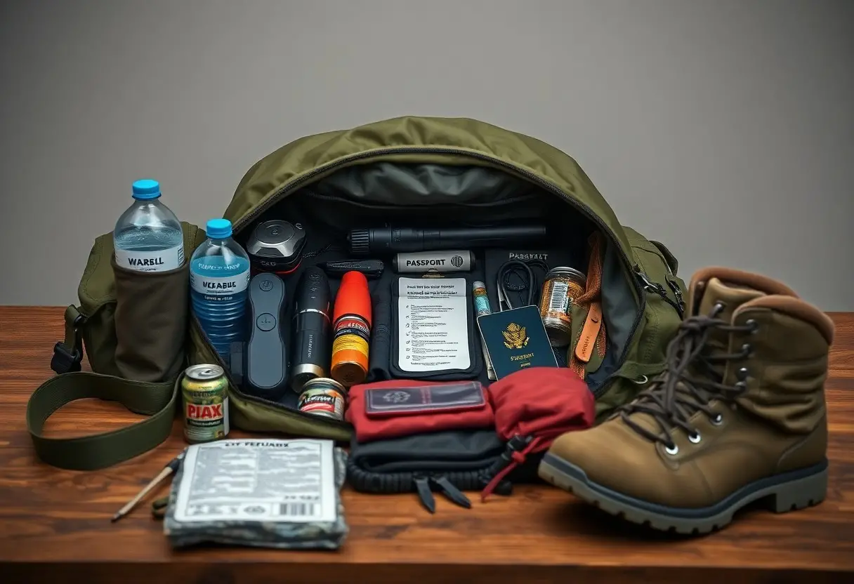 An open duffel bag on a table contains survival items: bottled water, flashlight, first aid kit, passport, notepad, food, boots, canned goods, and various emergency supplies.
