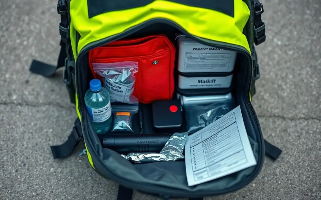 Open emergency medical kit bag showing medical supplies, including bandages, antiseptic solution, a first aid guide, trauma kit, flashlight, and other emergency items organized inside.