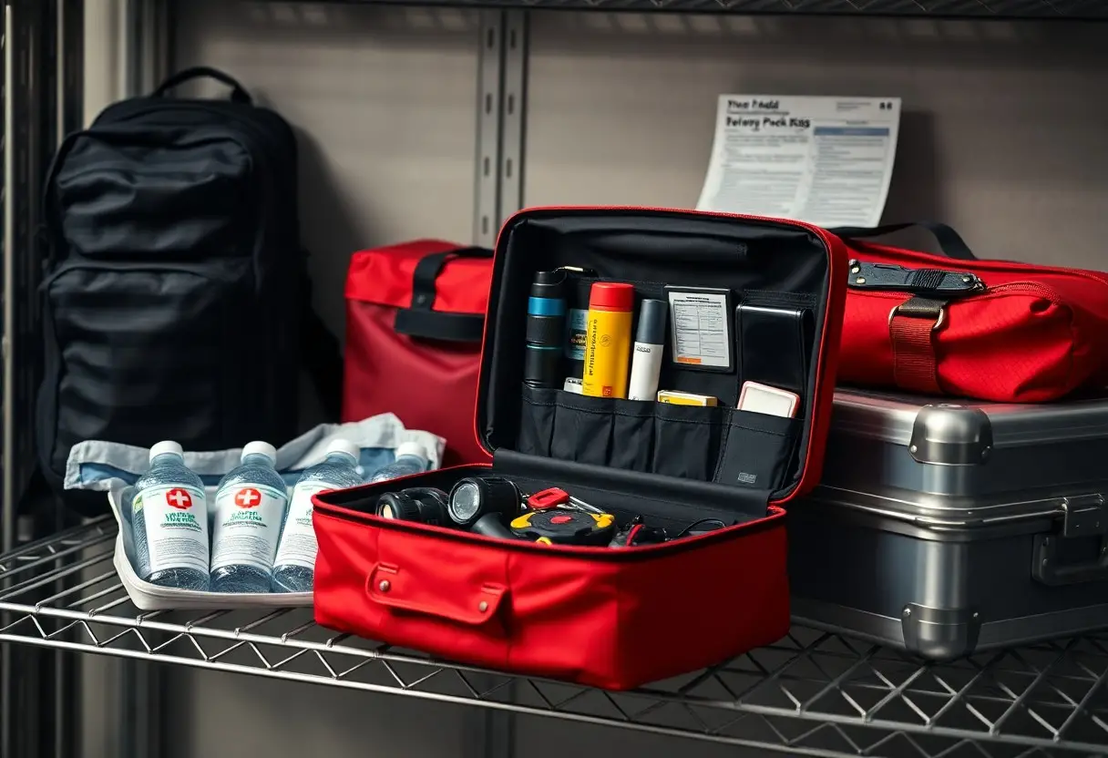 A red emergency kit with medical supplies and tools is open on a metal shelf, surrounded by water bottles, backpacks, and a metal case.
