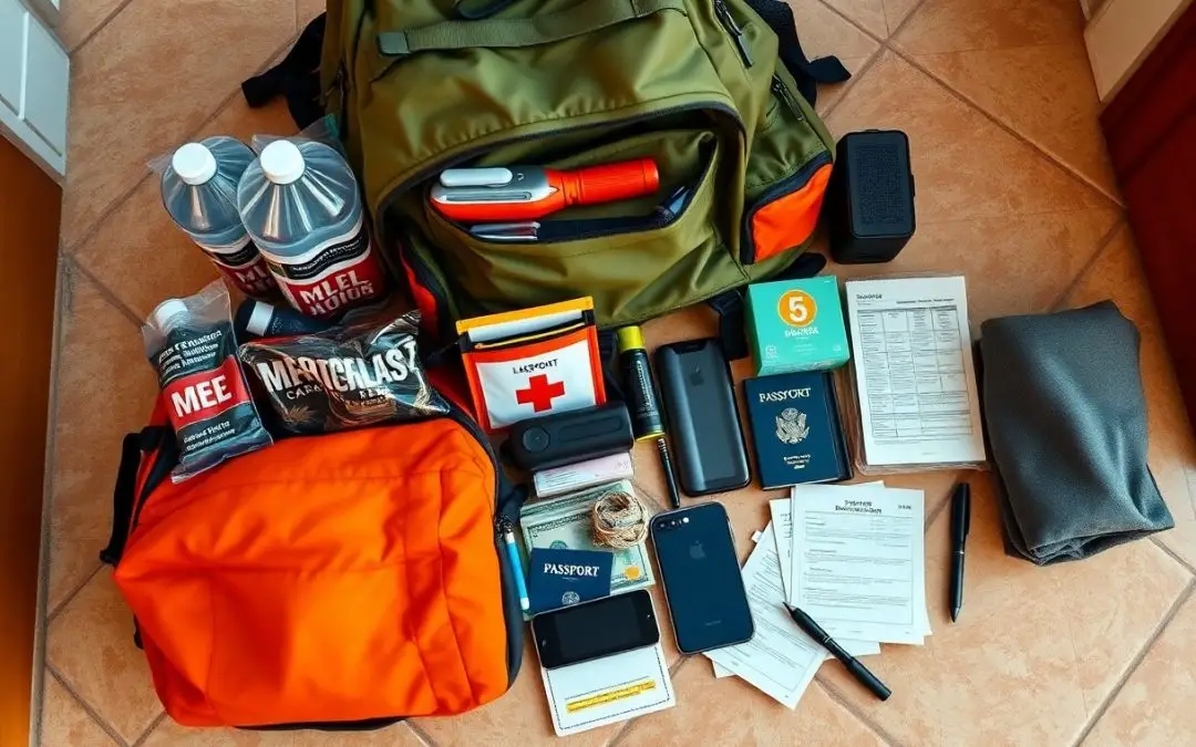 A packed emergency go-bag with water, food, first aid kit, flashlight, phone, passports, charger, documents, cash, and toiletries laid out on a tiled floor.