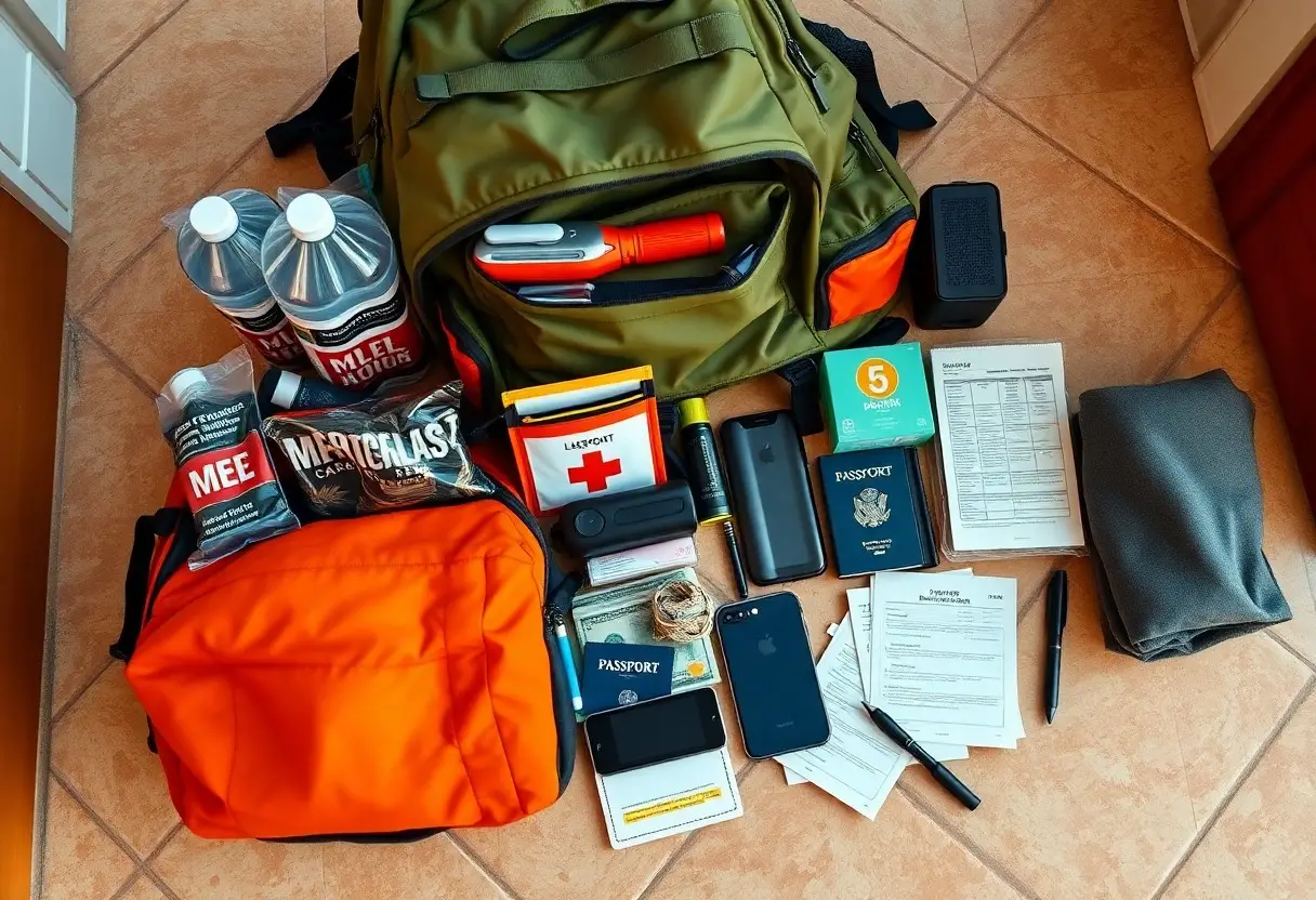 A packed emergency go-bag with water, food, first aid kit, flashlight, phone, passports, charger, documents, cash, and toiletries laid out on a tiled floor.