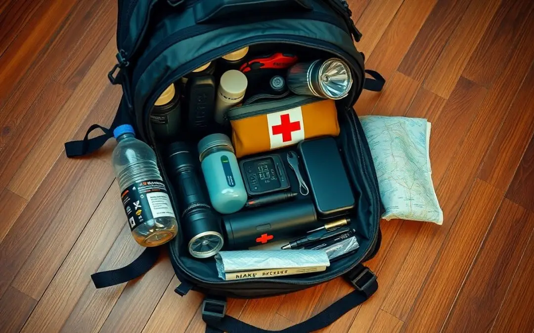 A neatly packed backpack on a wooden floor contains emergency supplies, including a first aid kit, flashlight, bottled water, map, and survival tools.