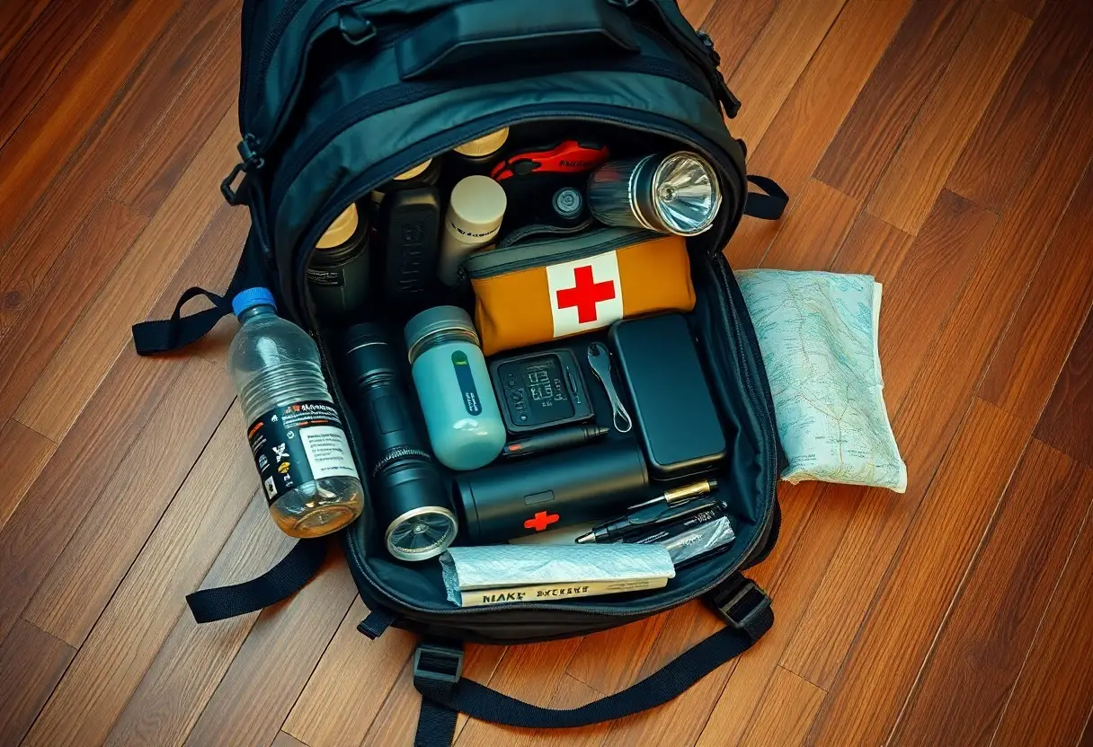 A neatly packed backpack on a wooden floor contains emergency supplies, including a first aid kit, flashlight, bottled water, map, and survival tools.