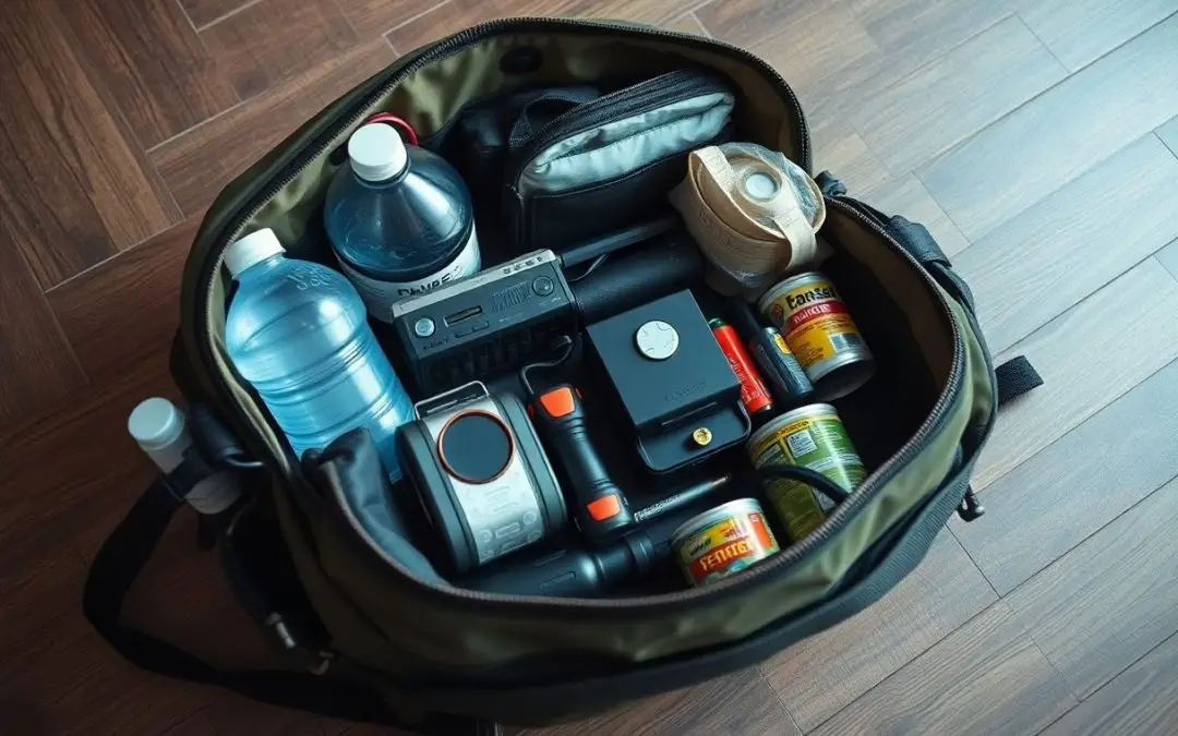 A packed emergency bag containing bottled water, canned food, a flashlight, batteries, a face mask, a portable radio, and other survival supplies, placed on a wooden floor.