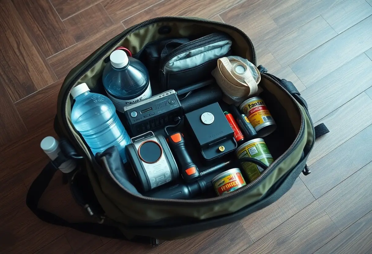 A packed emergency bag containing bottled water, canned food, a flashlight, batteries, a face mask, a portable radio, and other survival supplies, placed on a wooden floor.