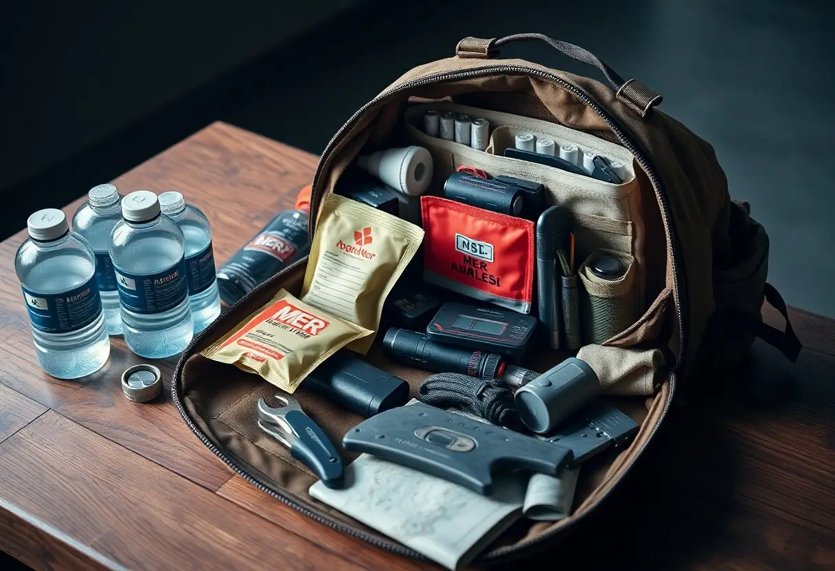 A backpack with emergency supplies including food packs, first aid kit, flashlight, radio, map, utility tool, gloves, and several bottles of water on a wooden table.