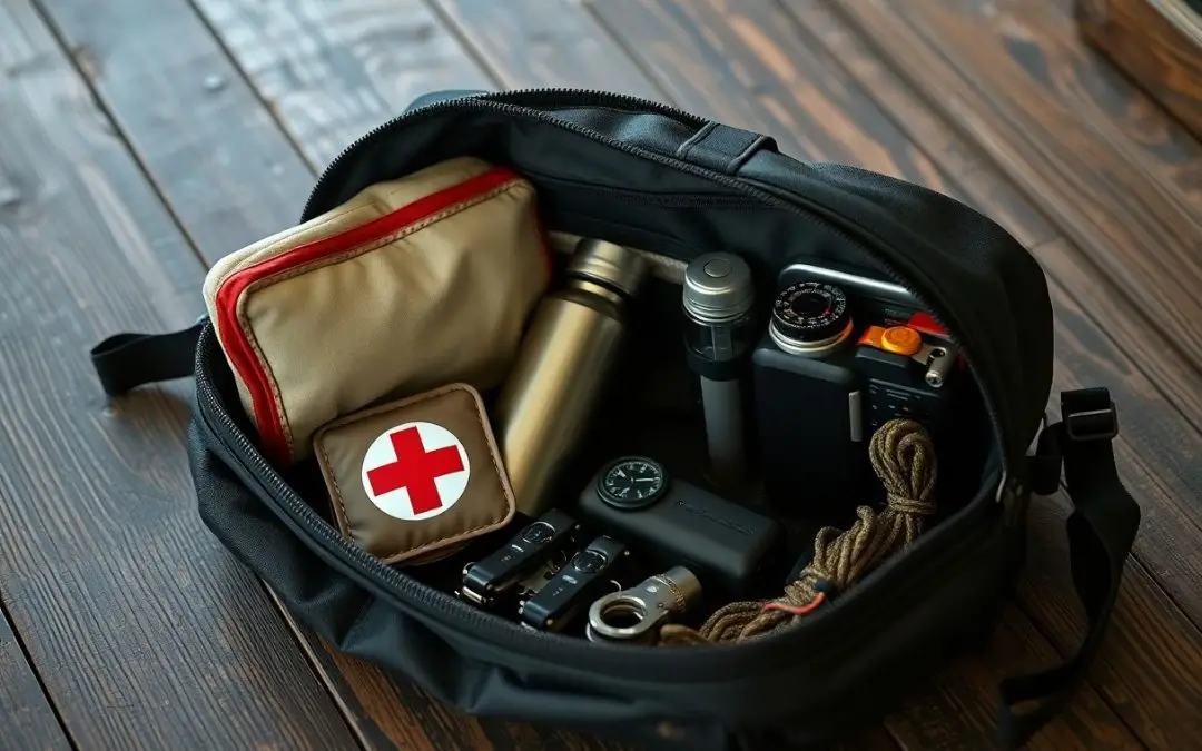 A black bag on a wooden surface contains a first aid kit, thermos, flashlight, camera, compass, rope, and multitool.