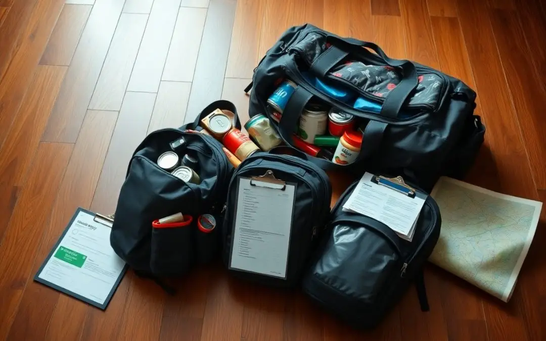 Three black bags filled with canned food, bottles, and supplies sit on a wooden floor, alongside checklists on clipboards and a folded map.