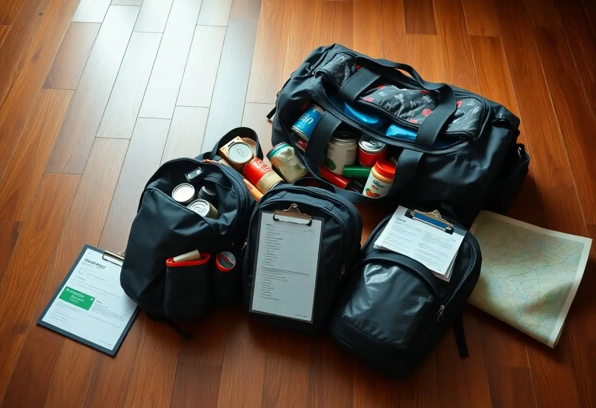 Three black bags filled with canned food, bottles, and supplies sit on a wooden floor, alongside checklists on clipboards and a folded map.