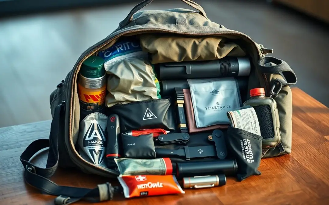 An open duffel bag on a table contains survival gear, snacks, water, a flashlight, a multitool, gloves, medical supplies, and various pouches.