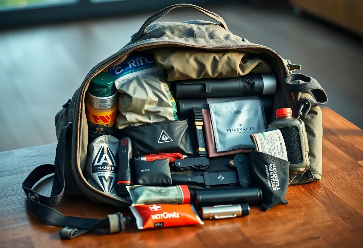 An open duffel bag on a table contains survival gear, snacks, water, a flashlight, a multitool, gloves, medical supplies, and various pouches.