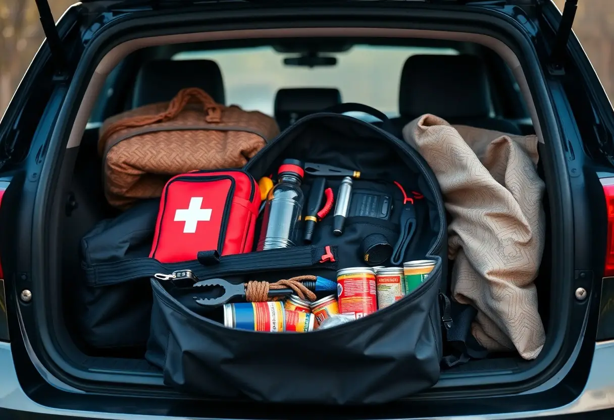 The open trunk of a car contains bags, a red first aid kit, canned food, water bottles, a blanket, and various emergency supplies.