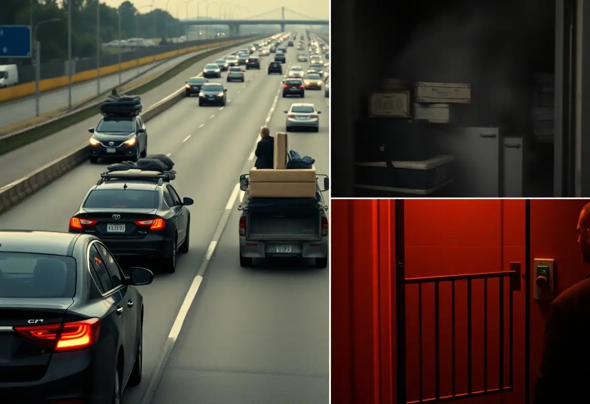 A collage showing cars on a busy highway, a smoky room with books and boxes, and a person using an elevator with red lighting.