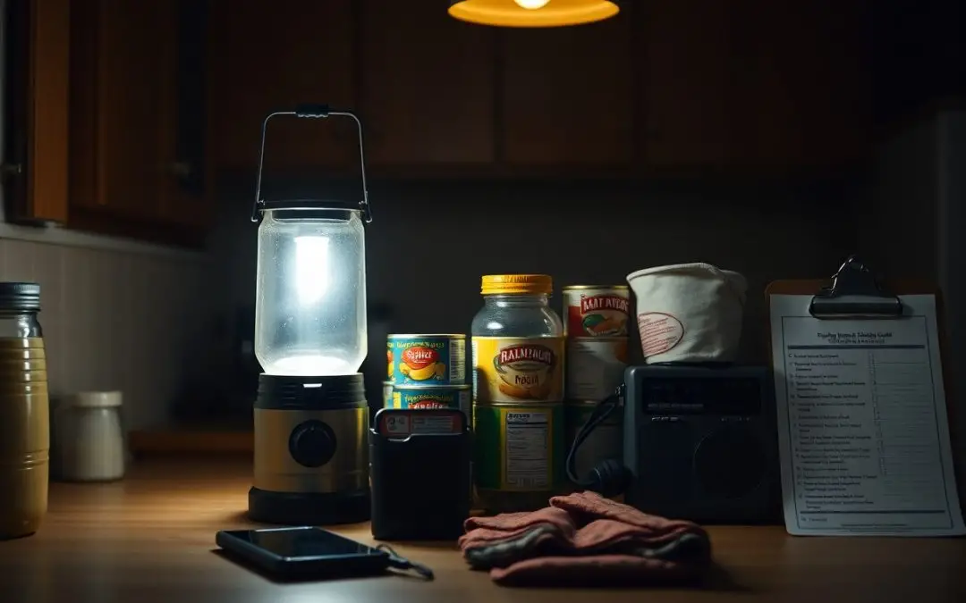 A kitchen counter displays an emergency lantern, canned food, a water bottle, a flashlight, a radio, gloves, a clipboard with a checklist, and a smartphone under overhead lighting.