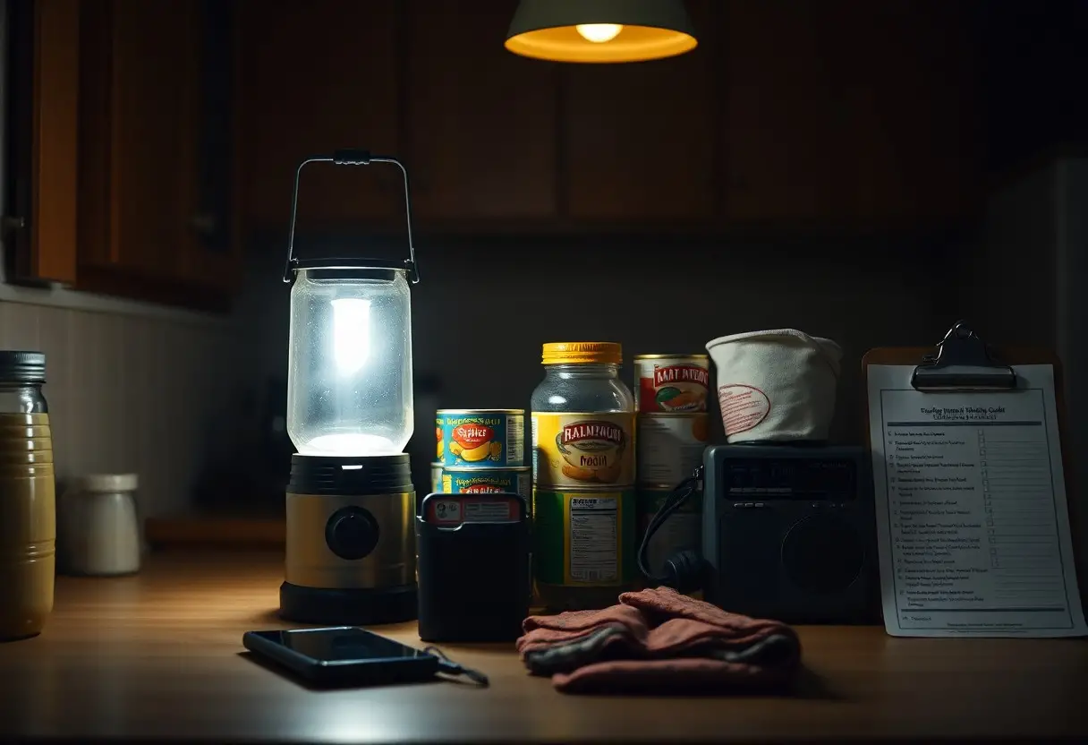 A kitchen counter displays an emergency lantern, canned food, a water bottle, a flashlight, a radio, gloves, a clipboard with a checklist, and a smartphone under overhead lighting.