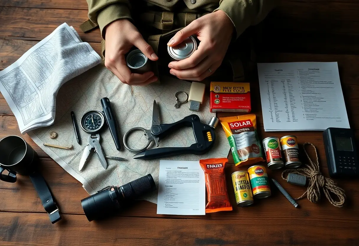 A person organizes survival gear on a table, including canned food, tools, a map, compass, flashlight, rope, and checklists, suggesting preparation for an outdoor expedition.