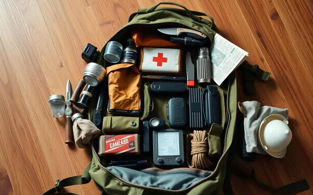 An open backpack on a wooden floor filled with survival gear, including a first aid kit, canned food, rope, flashlight, utensils, water containers, a knife, map, and helmet.