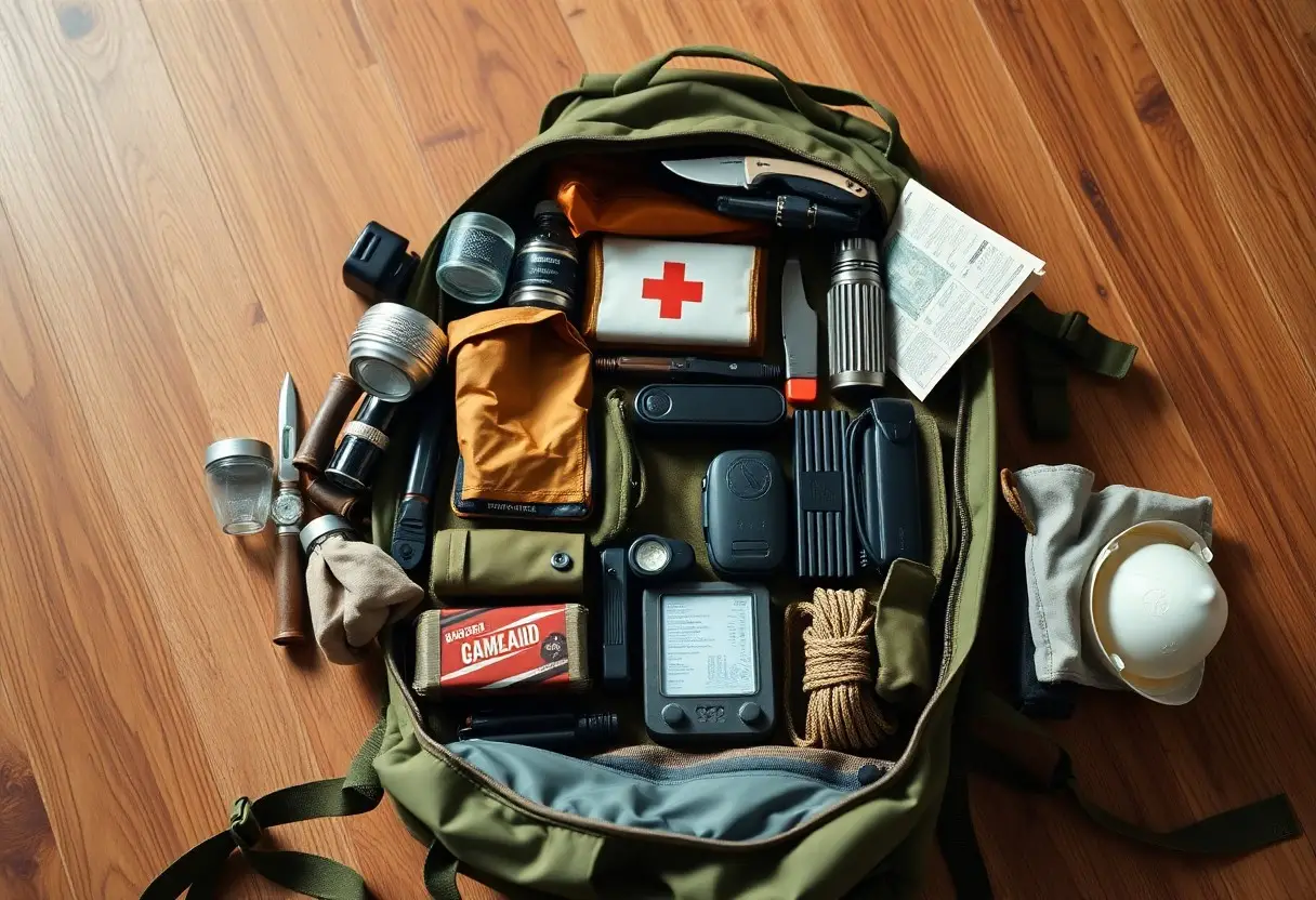 An open backpack on a wooden floor filled with survival gear, including a first aid kit, canned food, rope, flashlight, utensils, water containers, a knife, map, and helmet.