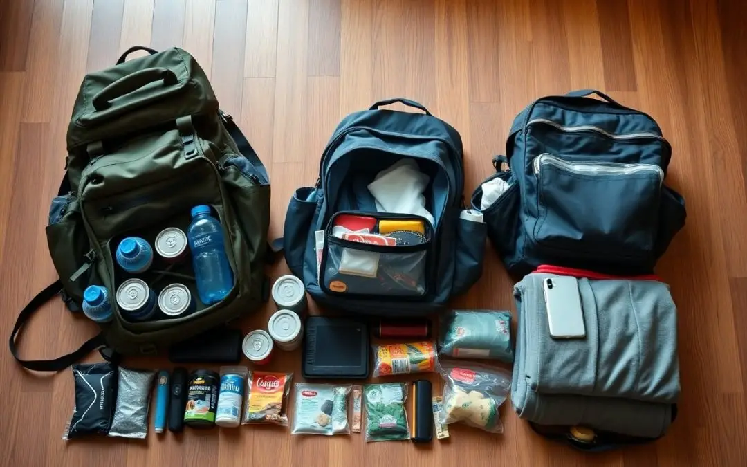 Three packed backpacks are on a wooden floor, surrounded by organized supplies including canned food, water bottles, snacks, hygiene items, a blanket, and electronic devices.