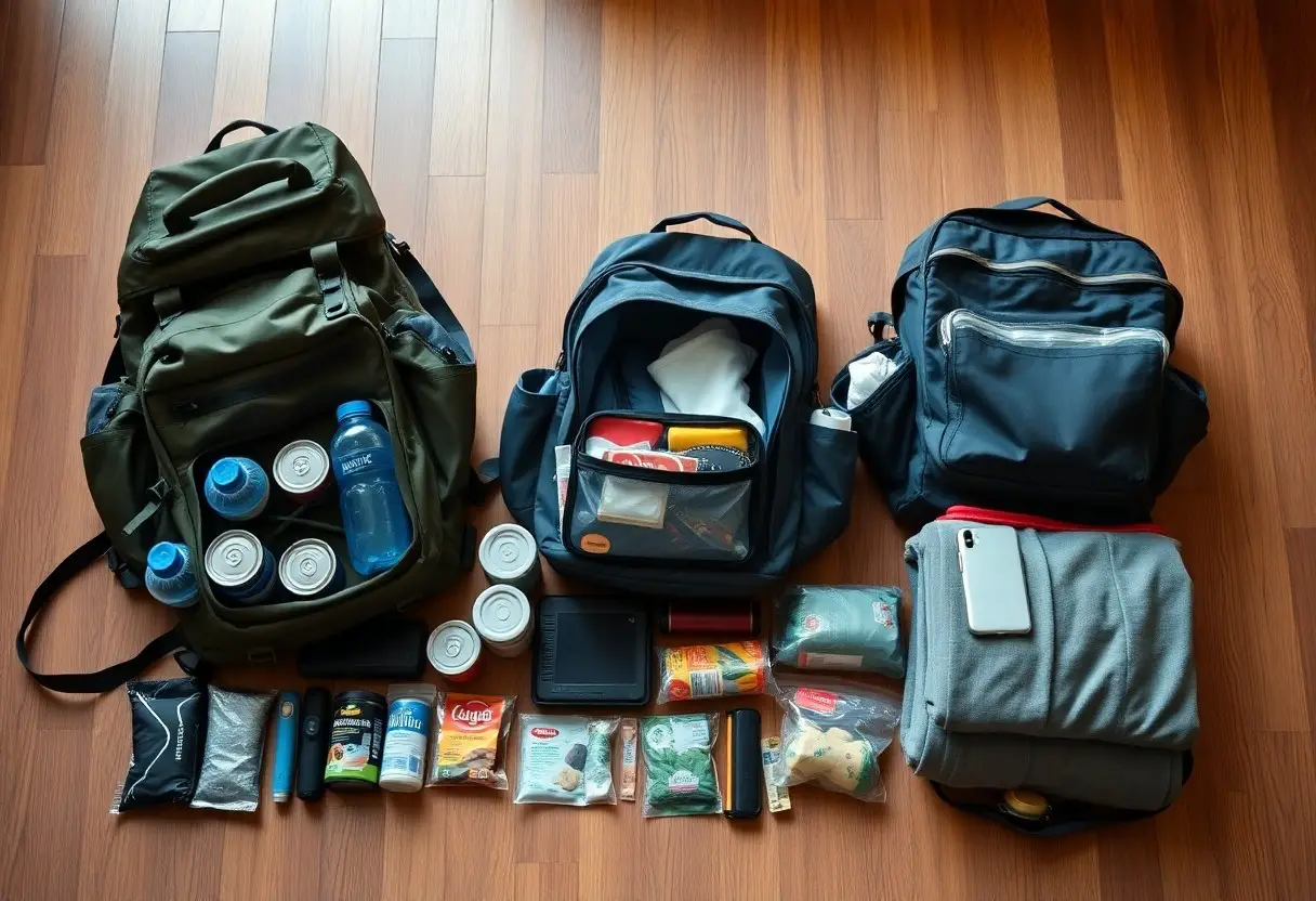 Three packed backpacks are on a wooden floor, surrounded by organized supplies including canned food, water bottles, snacks, hygiene items, a blanket, and electronic devices.