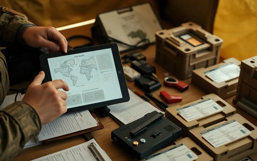 Person holding a tablet displaying a world map, surrounded by electronic equipment, storage devices, documents, and clipboards on a wooden table.