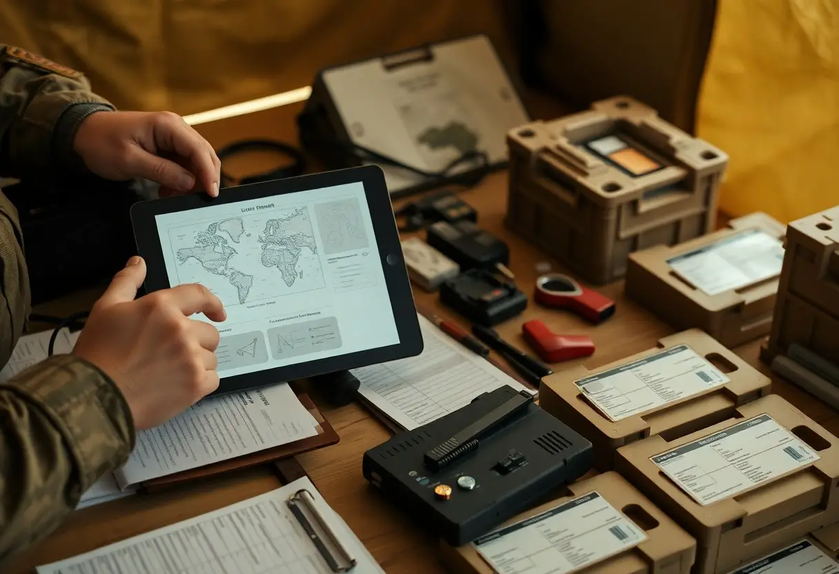 Person holding a tablet displaying a world map, surrounded by electronic equipment, storage devices, documents, and clipboards on a wooden table.