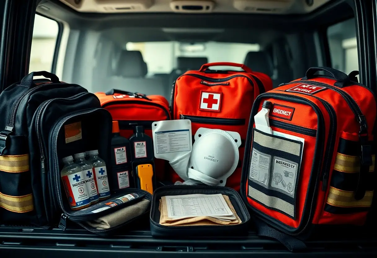 A collection of red emergency medical bags, supplies, water bottles, and documents are organized in the back of a vehicle.