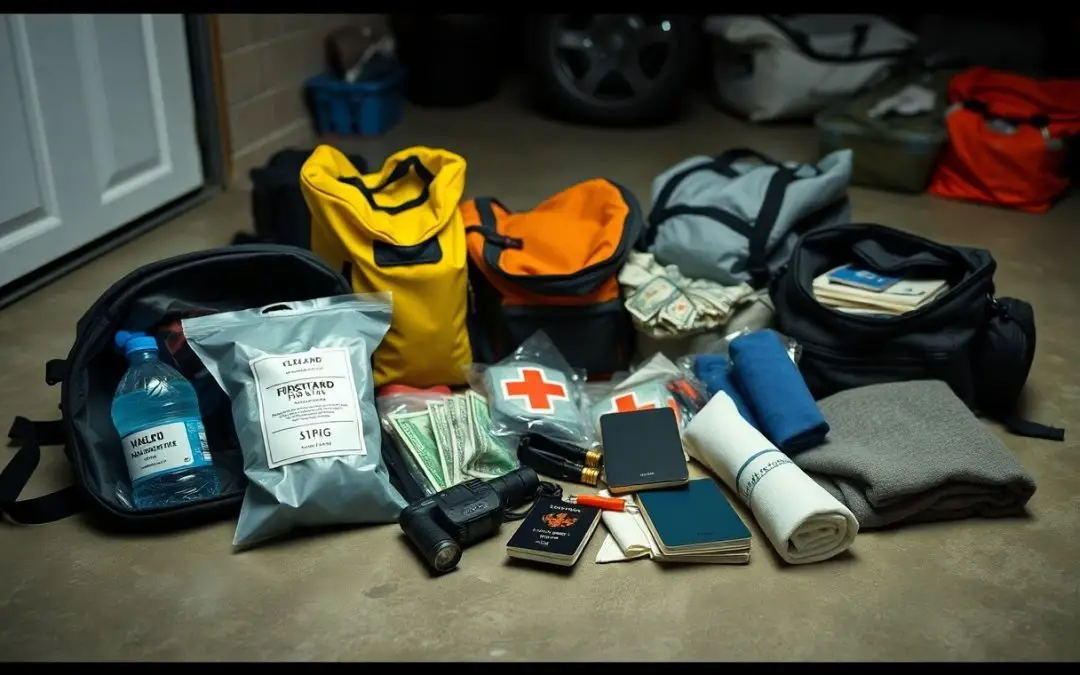Emergency preparedness kits with bags, bottled water, first aid supplies, cash, passports, flashlight, canned food, blankets, and essentials arranged on a garage floor.
