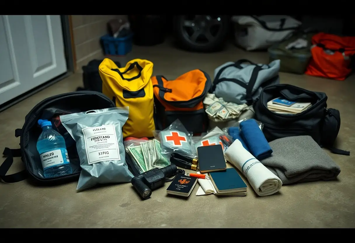 Emergency preparedness kits with bags, bottled water, first aid supplies, cash, passports, flashlight, canned food, blankets, and essentials arranged on a garage floor.