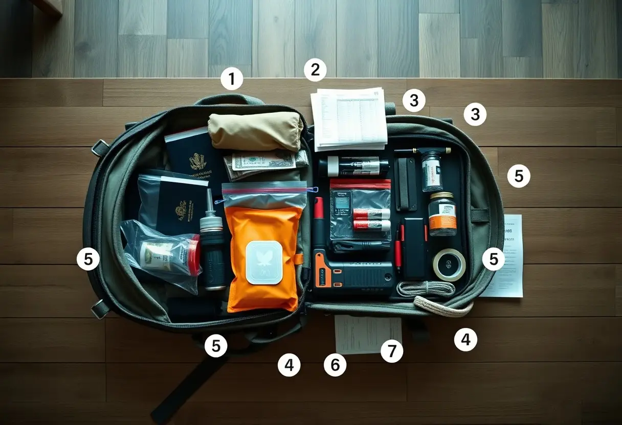 A neatly organized travel bag lies open, displaying various labeled essentials including documents, first aid kit, flashlight, water bottle, passport, and other travel supplies on a wooden floor.