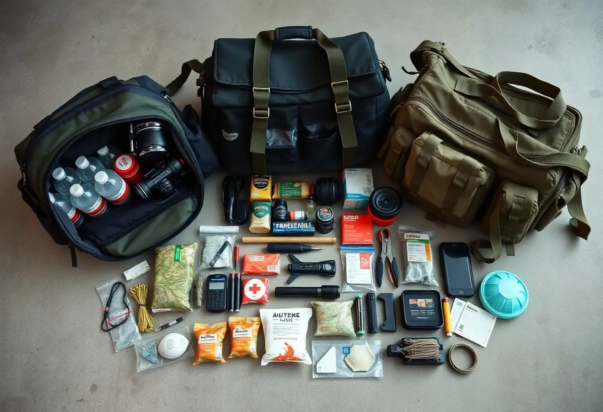 Three bags with various survival and emergency supplies, including water bottles, food packs, maps, first aid kit, flashlight, radio, medicine, batteries, and assorted tools are displayed on the floor.