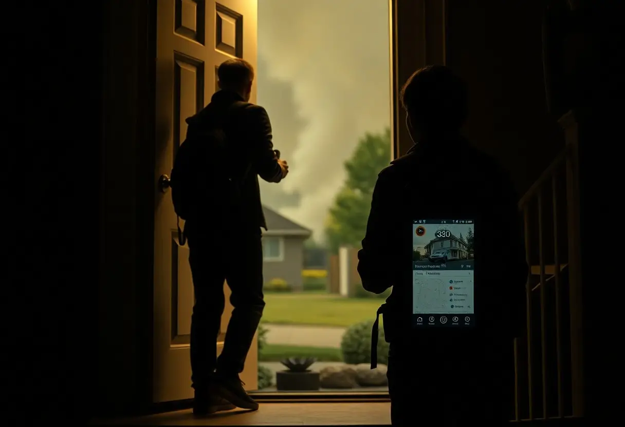 Two people stand in a doorway; one steps outside toward smoky air, while the other, inside, holds a phone displaying weather and air quality information.