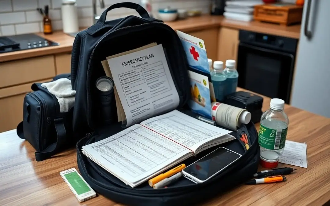 A backpack on a kitchen counter contains an emergency plan, first aid supplies, water bottles, medications, a flashlight, a phone, and writing materials.