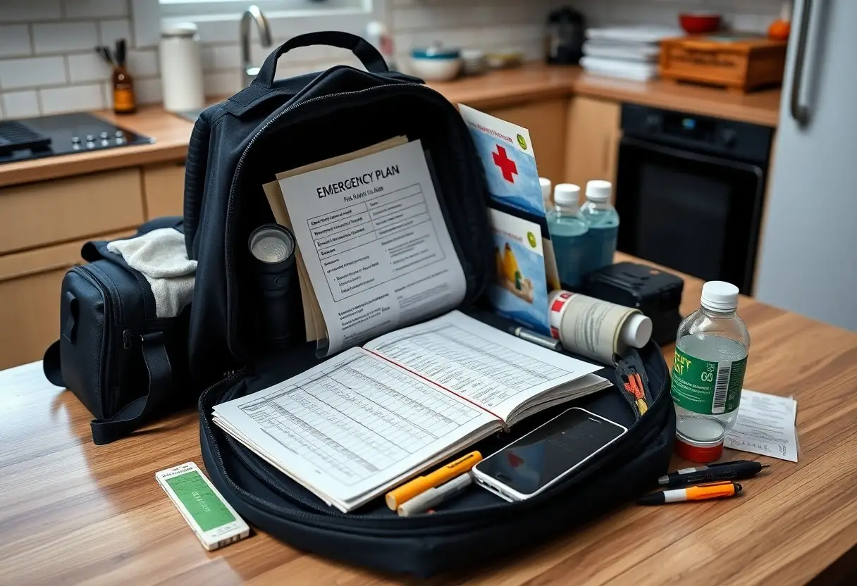A backpack on a kitchen counter contains an emergency plan, first aid supplies, water bottles, medications, a flashlight, a phone, and writing materials.