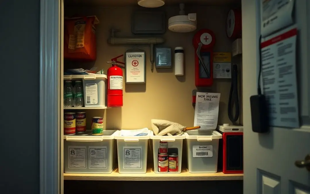 A small emergency supply closet containing canned food, first aid items, a fire extinguisher, water bottles, gloves, and labeled storage bins on shelves.