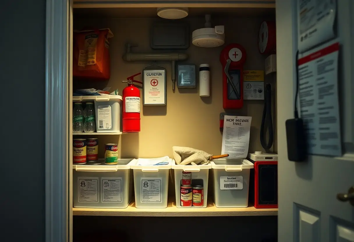 A small emergency supply closet containing canned food, first aid items, a fire extinguisher, water bottles, gloves, and labeled storage bins on shelves.