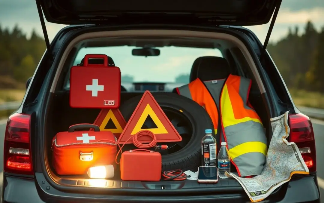 An open car trunk displays emergency supplies including a first aid kit, warning triangles, safety vest, spare tire, water bottle, map, flashlight, and fuel canister.