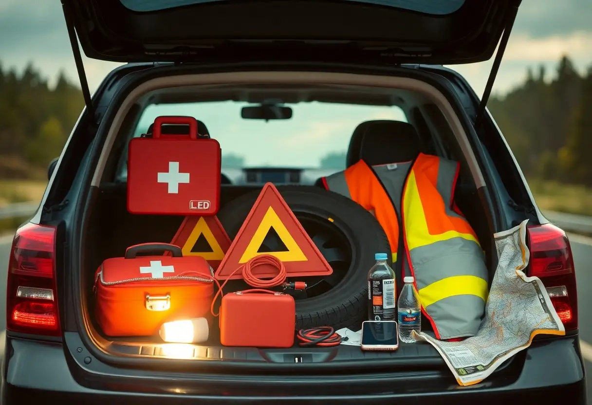 An open car trunk displays emergency supplies including a first aid kit, warning triangles, safety vest, spare tire, water bottle, map, flashlight, and fuel canister.