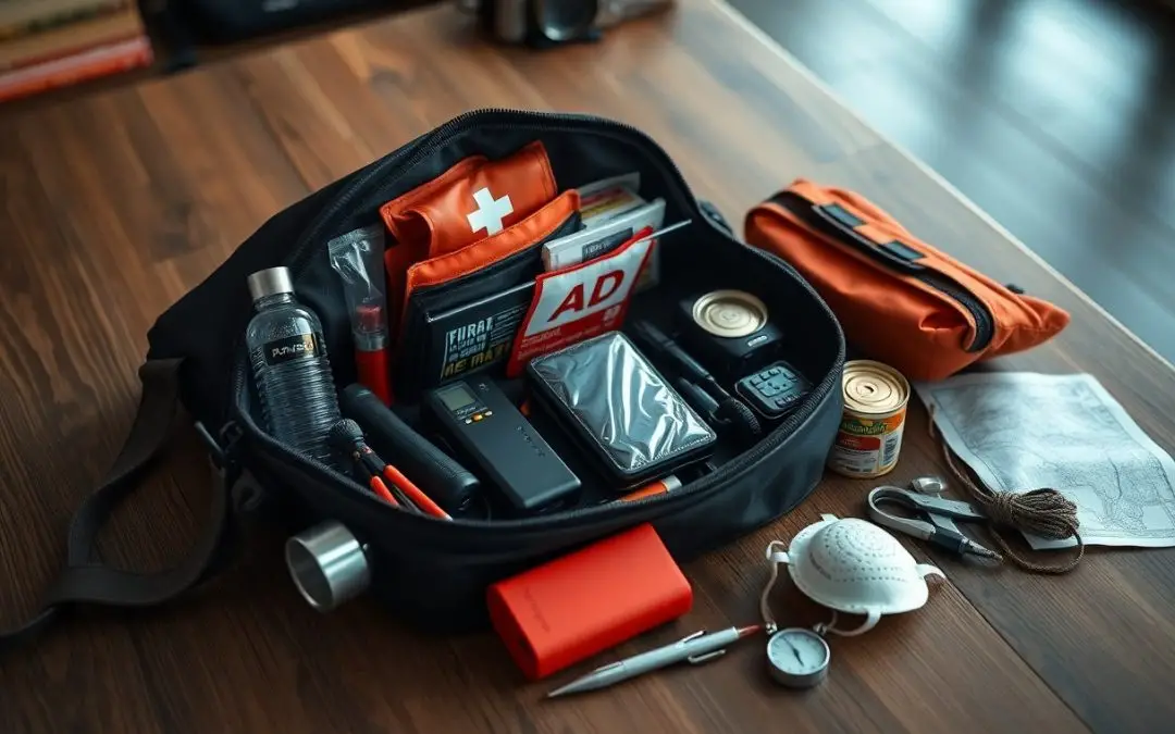 A neatly packed emergency kit bag on a table containing a first aid kit, canned food, flashlight, water bottle, map, mask, power bank, gloves, and other survival essentials.